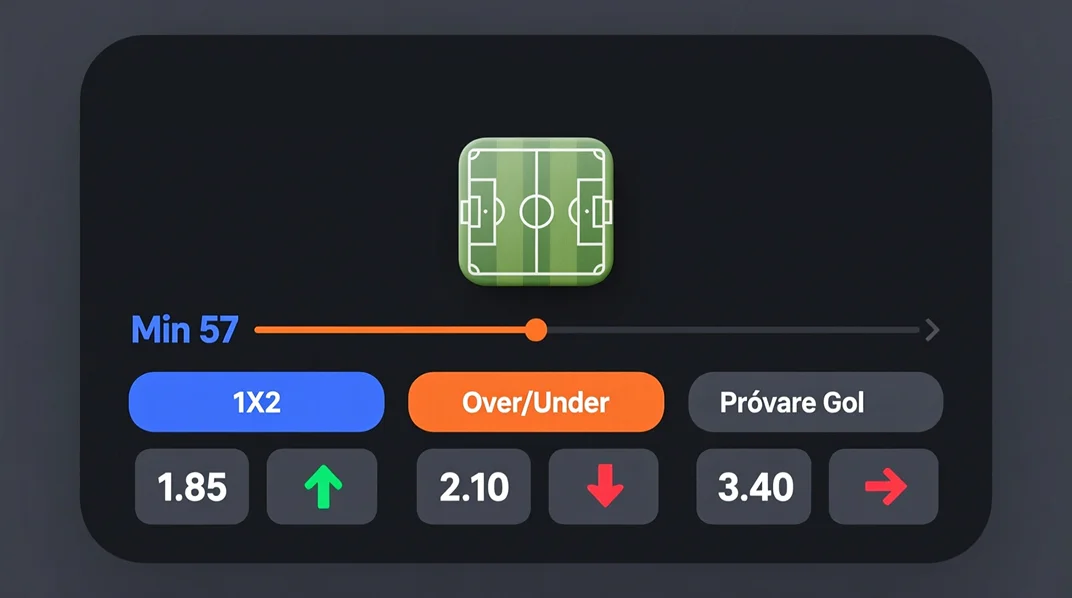 Pantalla de apuestas en vivo mostrando cuotas cambiantes en tiempo real durante un partido de fútbol
