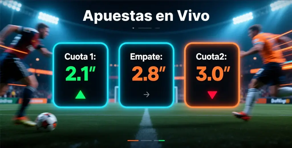 Pantalla de apuestas en vivo mostrando cuotas cambiantes en tiempo real durante un partido de fútbol