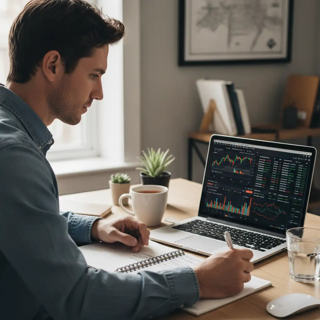 Persona concentrada tomando notas mientras analiza datos en un portátil