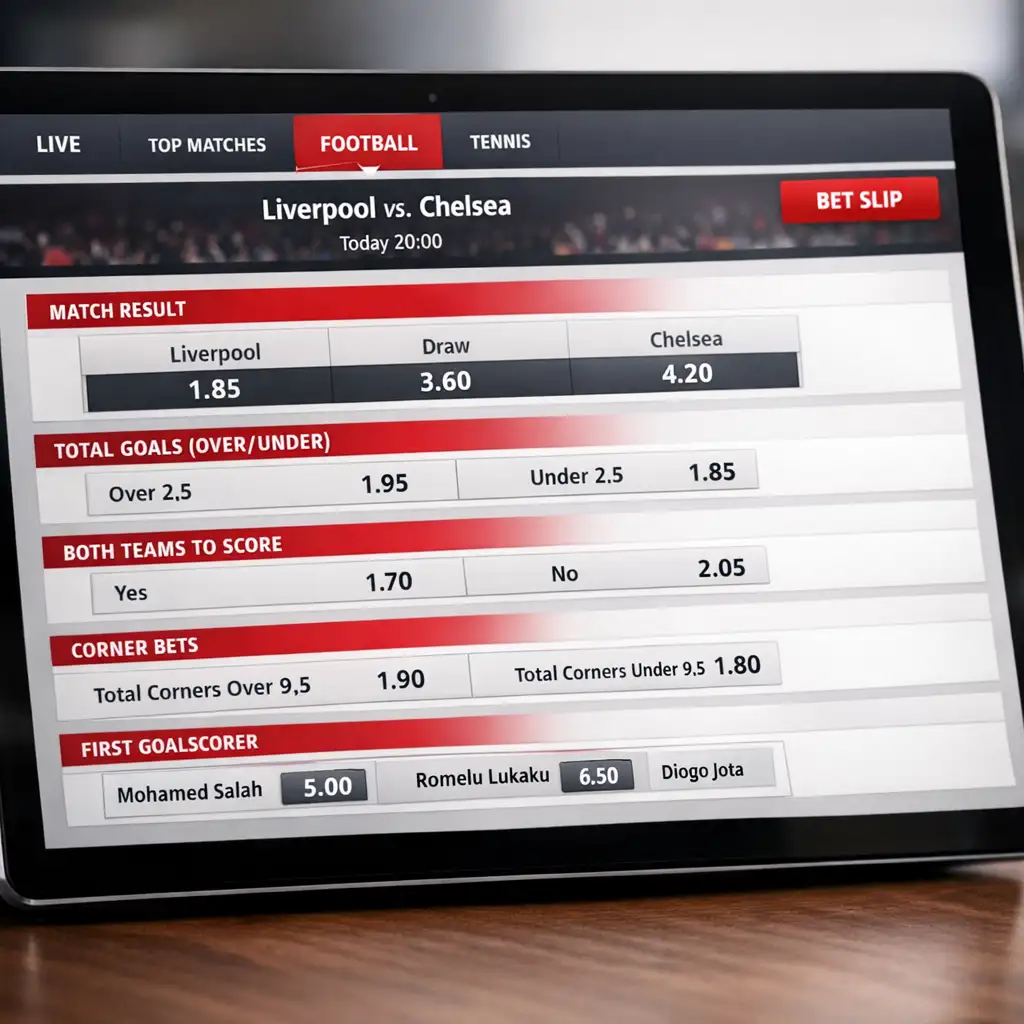 Pantalla mostrando diferentes tipos de mercados de apuestas deportivas