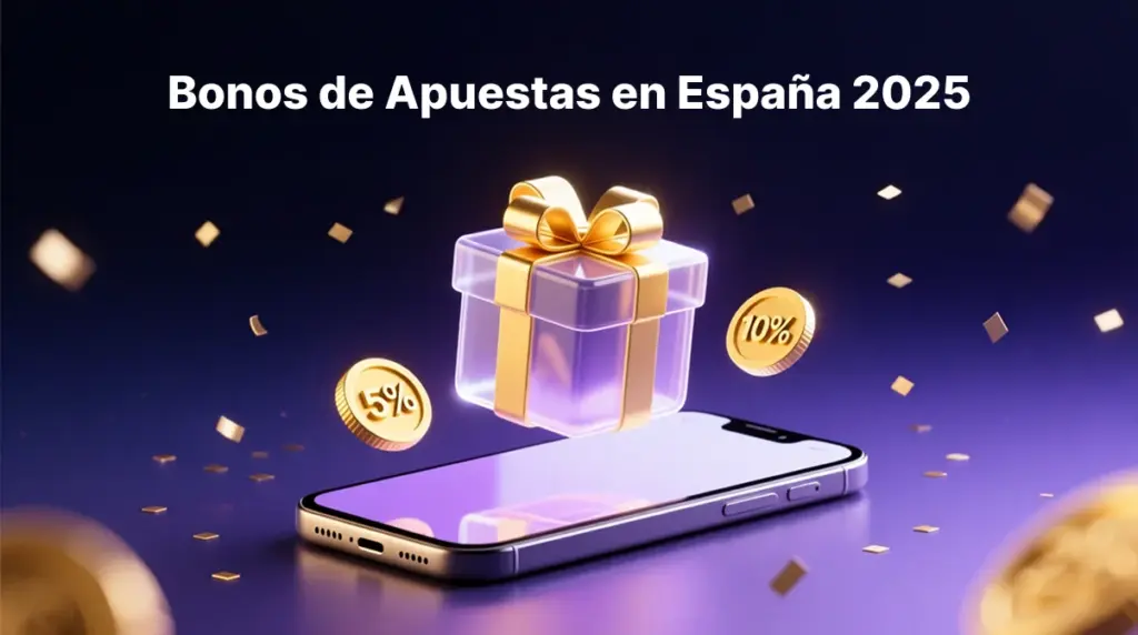 Banner promocional de bono de bienvenida en casa de apuestas online con símbolos de regalo y porcentajes