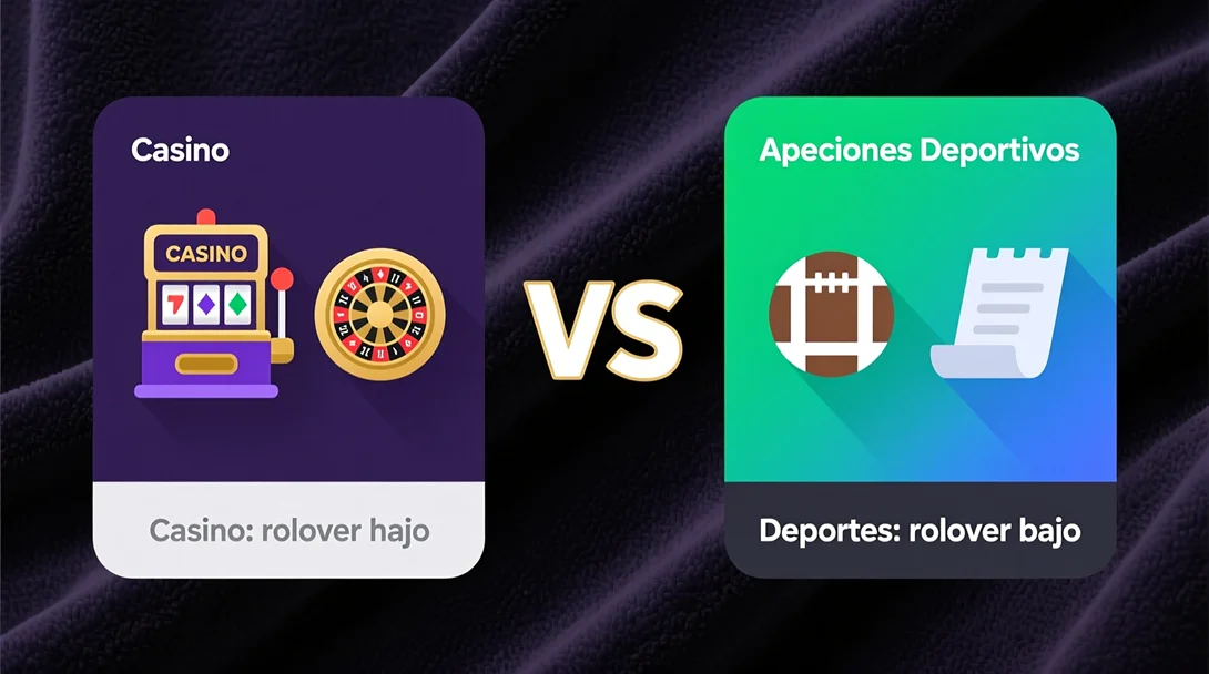Comparación visual entre bonos de casino y bonos de apuestas deportivas mostrando diferencias en requisitos