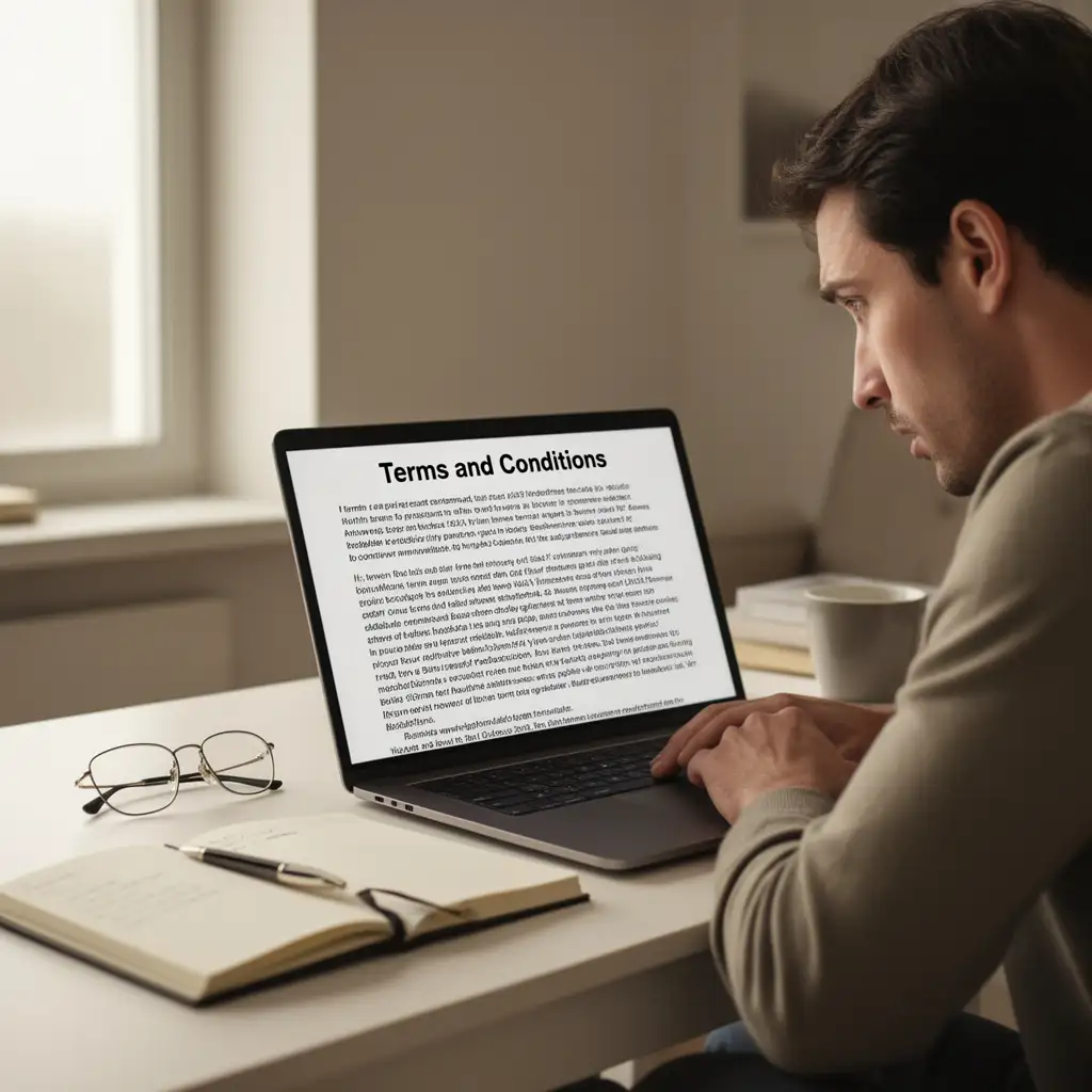 Persona leyendo términos y condiciones de promociones en pantalla