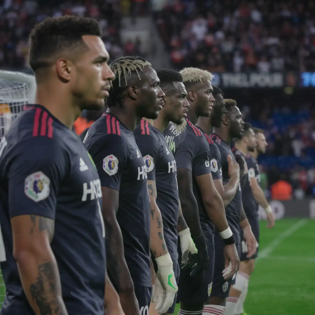 Línea defensiva de fútbol formando un bloque compacto