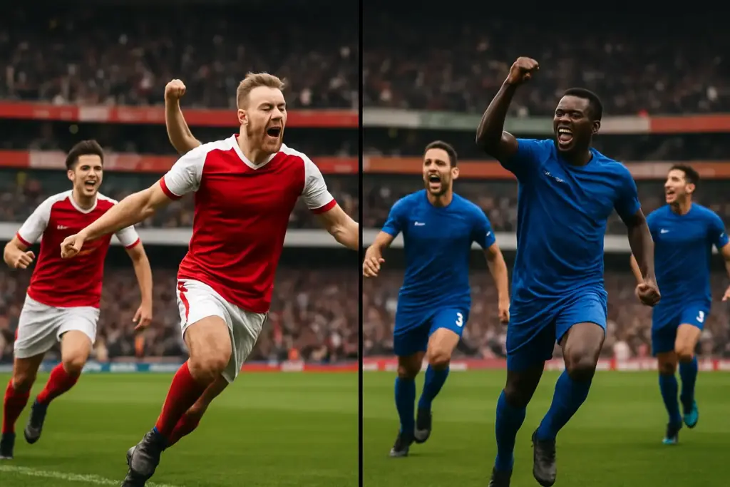 Dos equipos de fútbol celebrando goles en extremos opuestos del campo