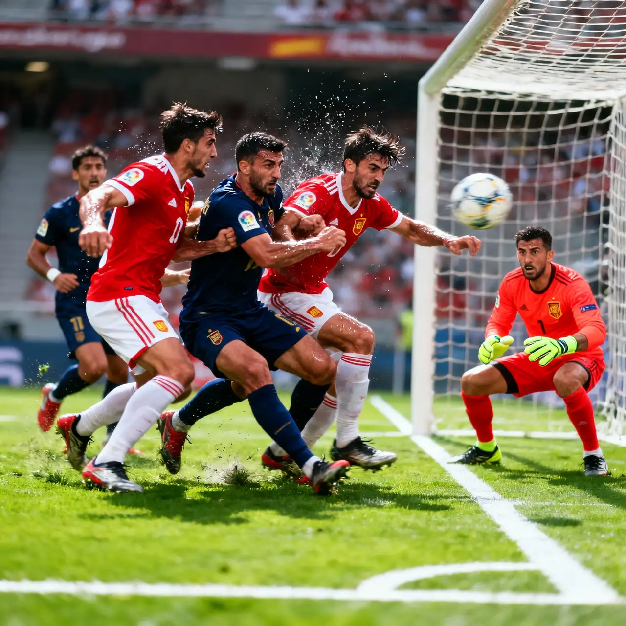 Acción de partido de fútbol con ambos equipos atacando cerca del área