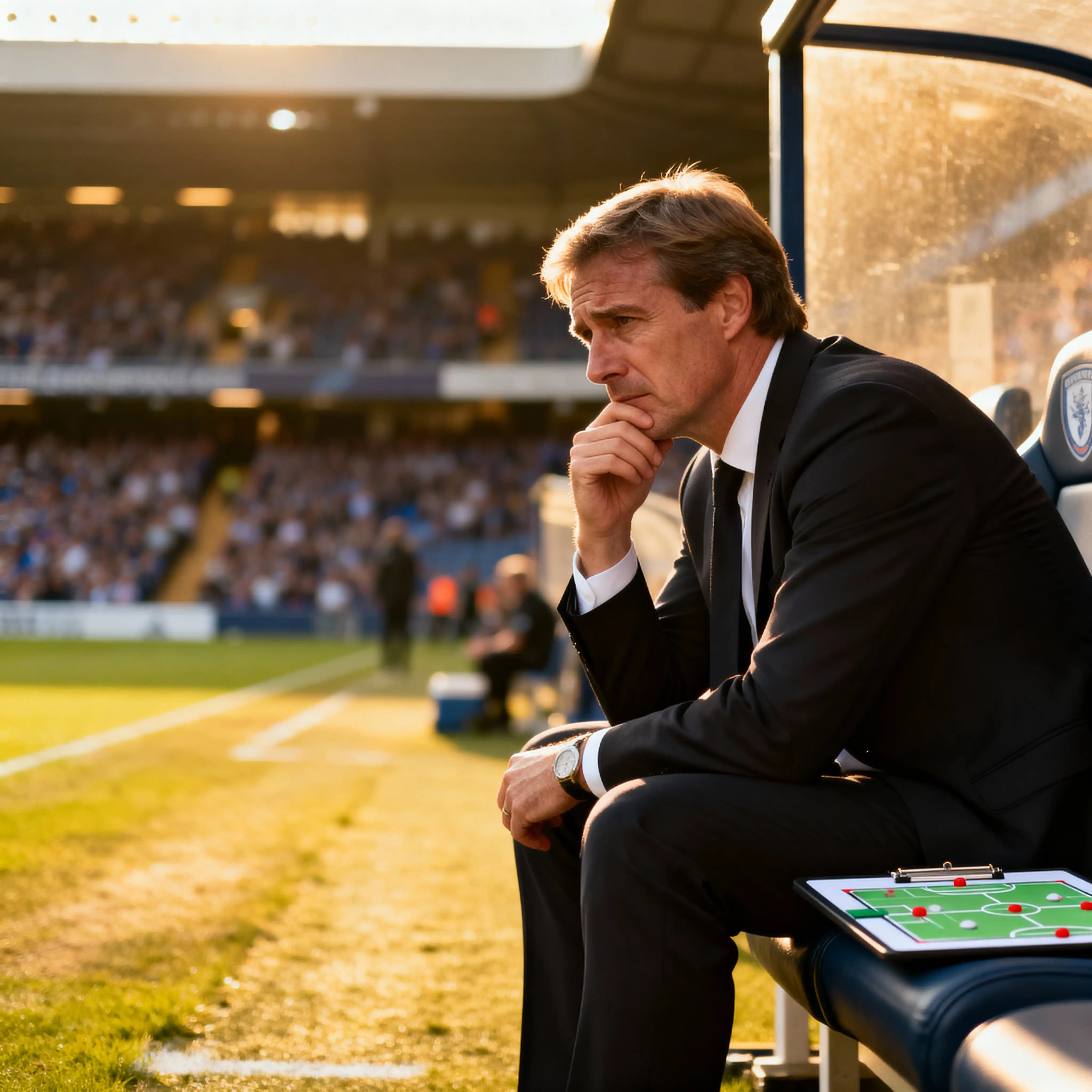 Entrenador pensativo en el banquillo gestionando la presión del calendario