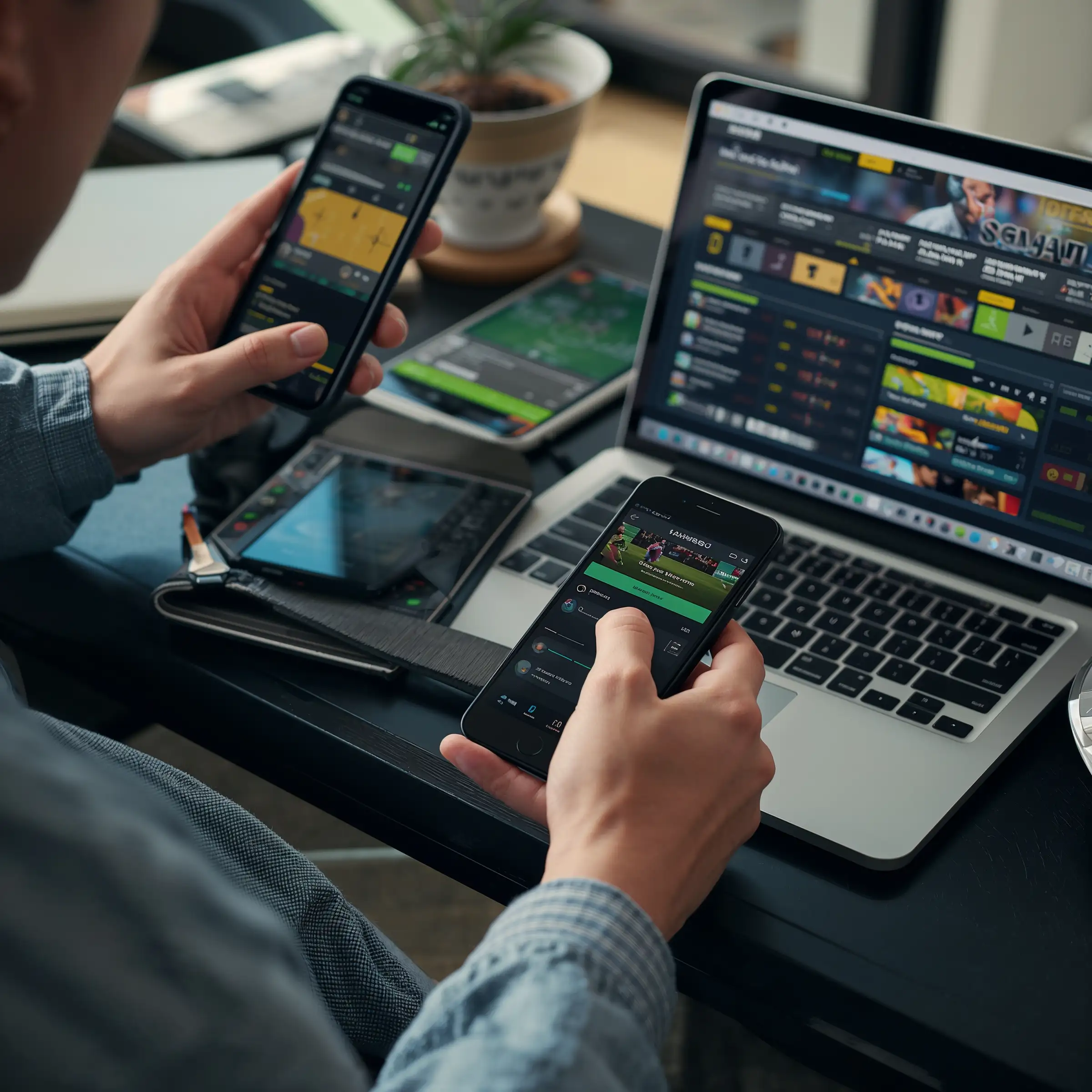 Usuario comparando opciones de apuestas en múltiples dispositivos