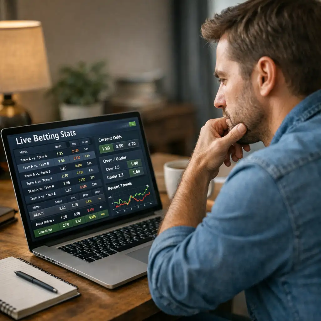 Persona analizando datos de cuotas en un portátil con expresión reflexiva