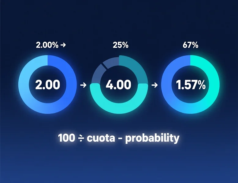 Infografía explicando la conversión de cuotas decimales a probabilidad implícita con fórmula matemática