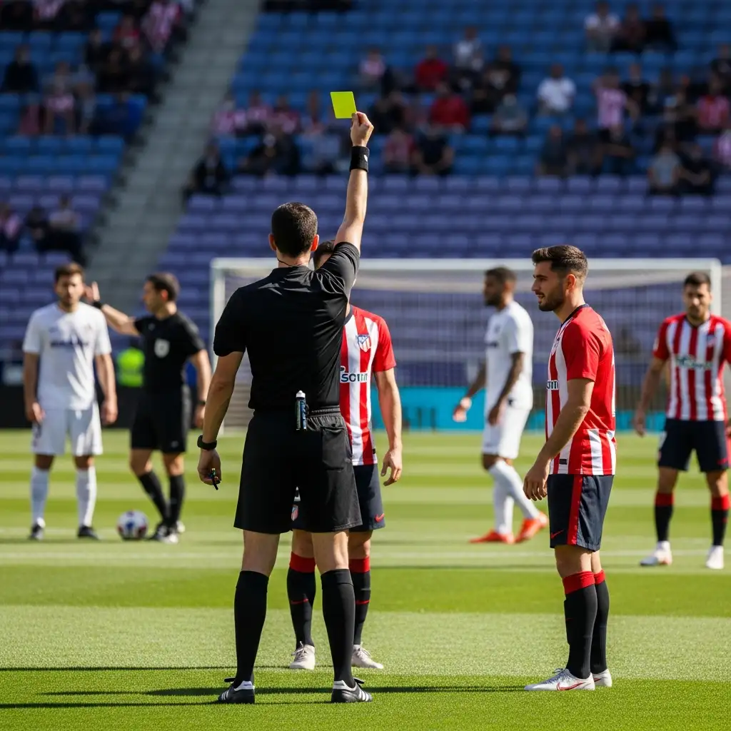 Árbitro de fútbol mostrando una tarjeta amarilla durante un partido