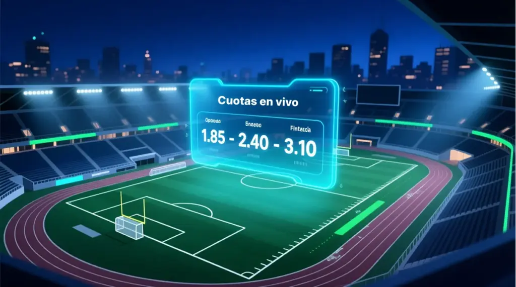 Pantalla digital de estadio mostrando cuotas decimales de apuestas deportivas sobre campo de fútbol iluminado