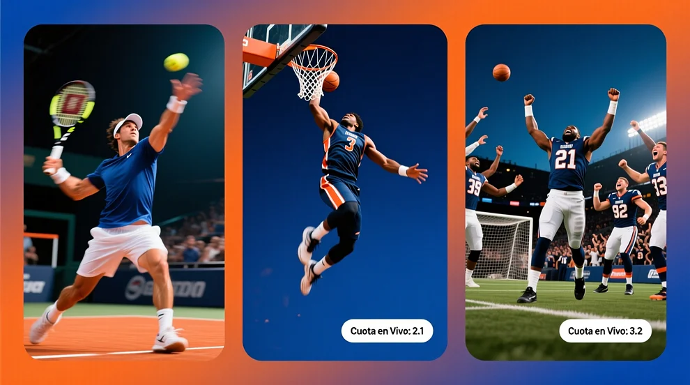 Collage de diferentes deportes para apuestas en vivo: tenis, baloncesto y fútbol en acción con indicadores de cuotas