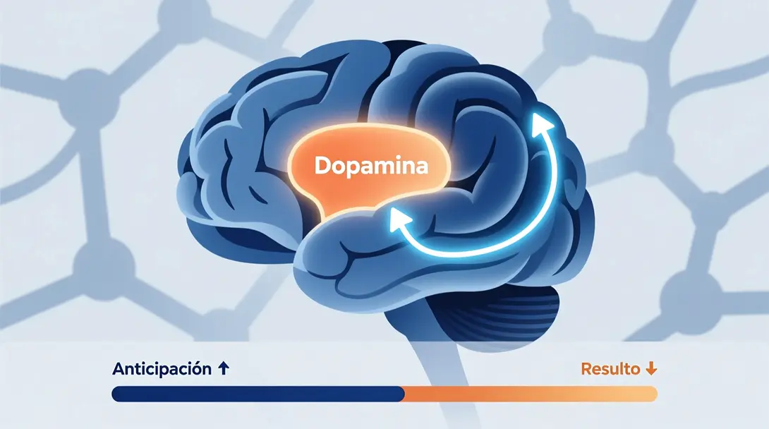 Ilustración científica del cerebro mostrando la liberación de dopamina durante la anticipación de resultados en apuestas
