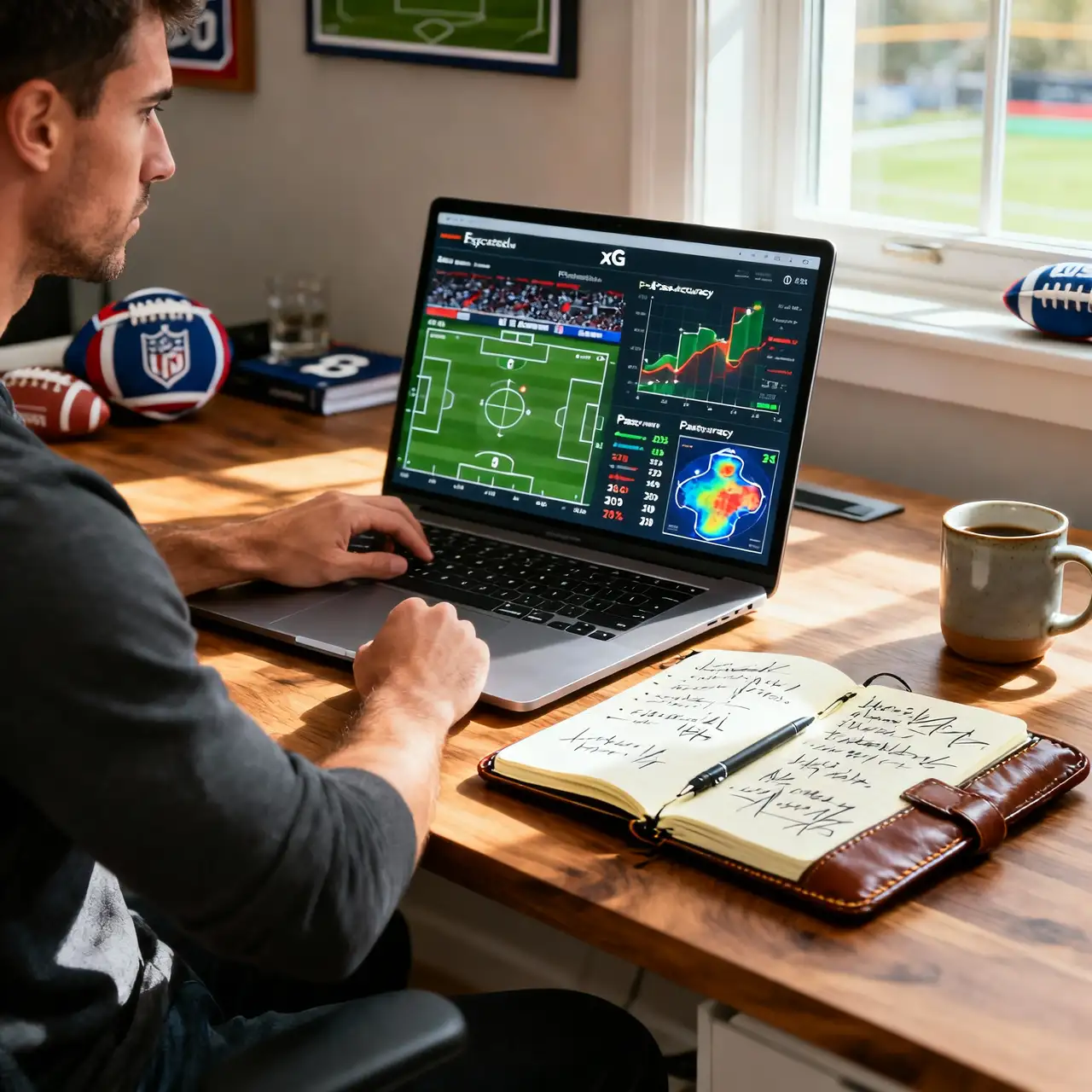 Persona analizando gráficos estadísticos de fútbol en un ordenador