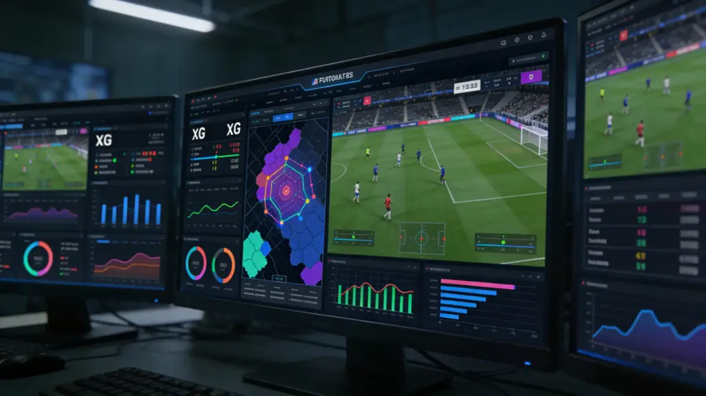 Pantallas mostrando datos estadísticos y métricas de fútbol avanzadas