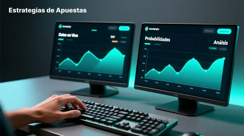 Apostador profesional analizando estadísticas deportivas y gráficos de rendimiento en múltiples pantallas