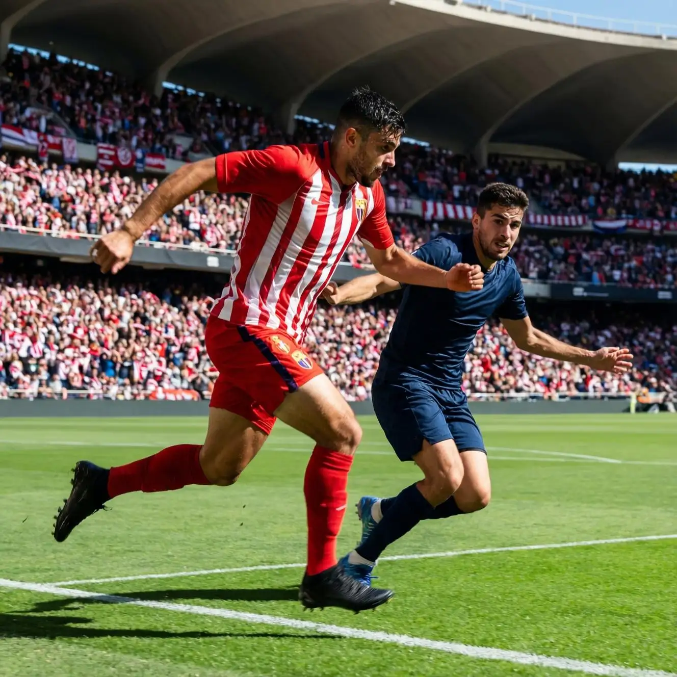 Extremo de fútbol regateando a un defensor por la banda izquierda