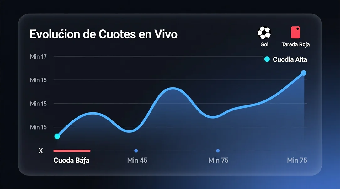 Gráfico dinámico mostrando la fluctuación de cuotas durante un partido en tiempo real con líneas ascendentes y descendentes