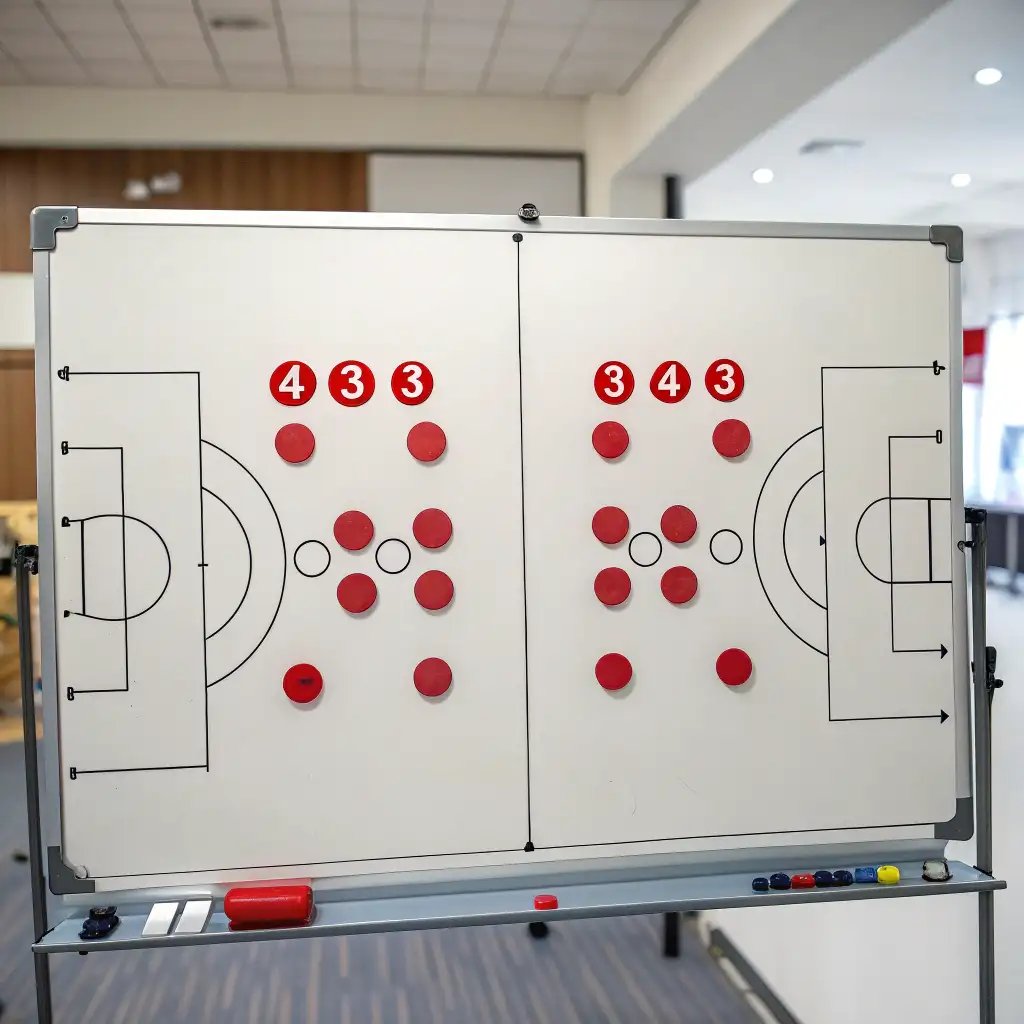 Pizarra táctica mostrando formaciones de dos equipos enfrentados