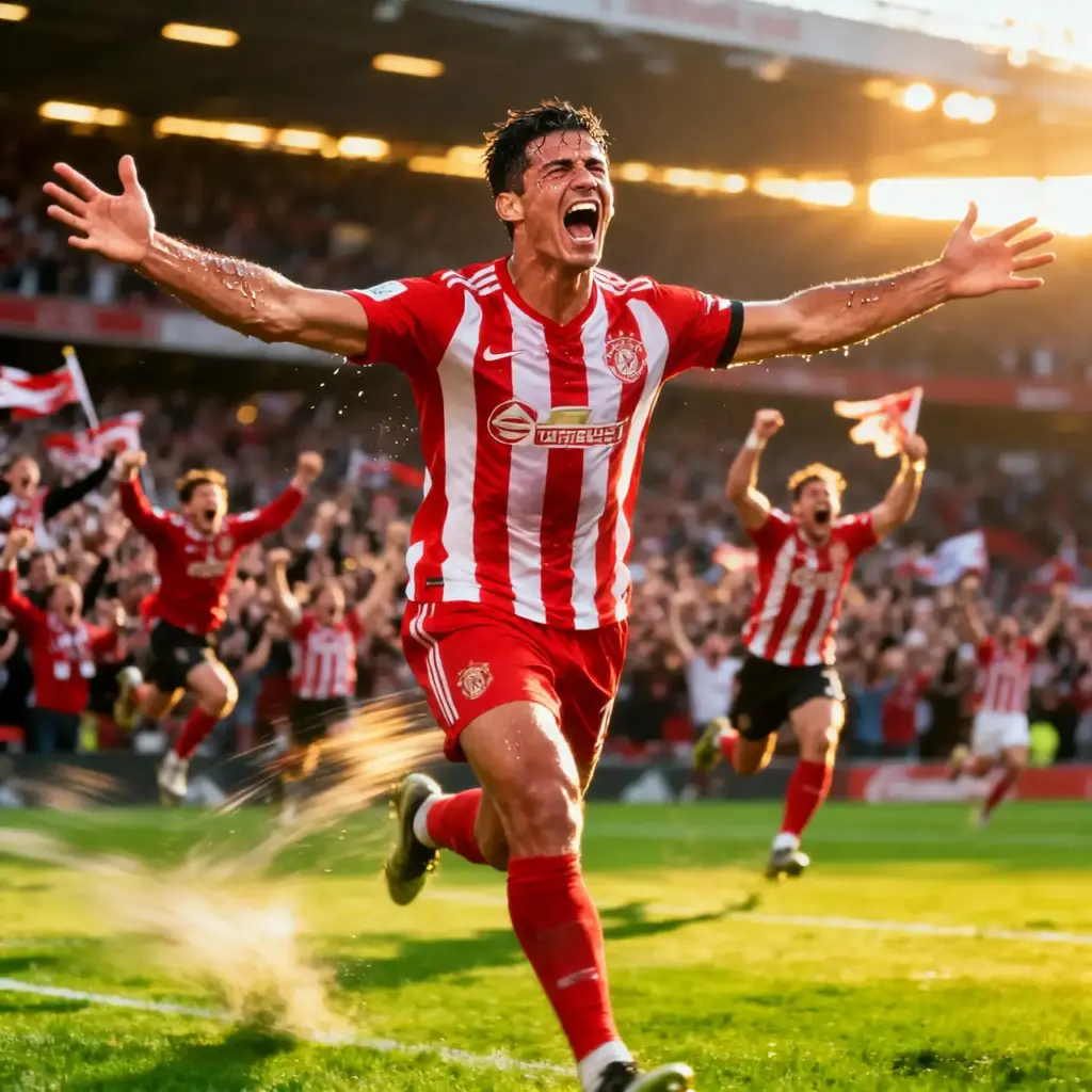 Delantero celebrando un gol con los brazos abiertos