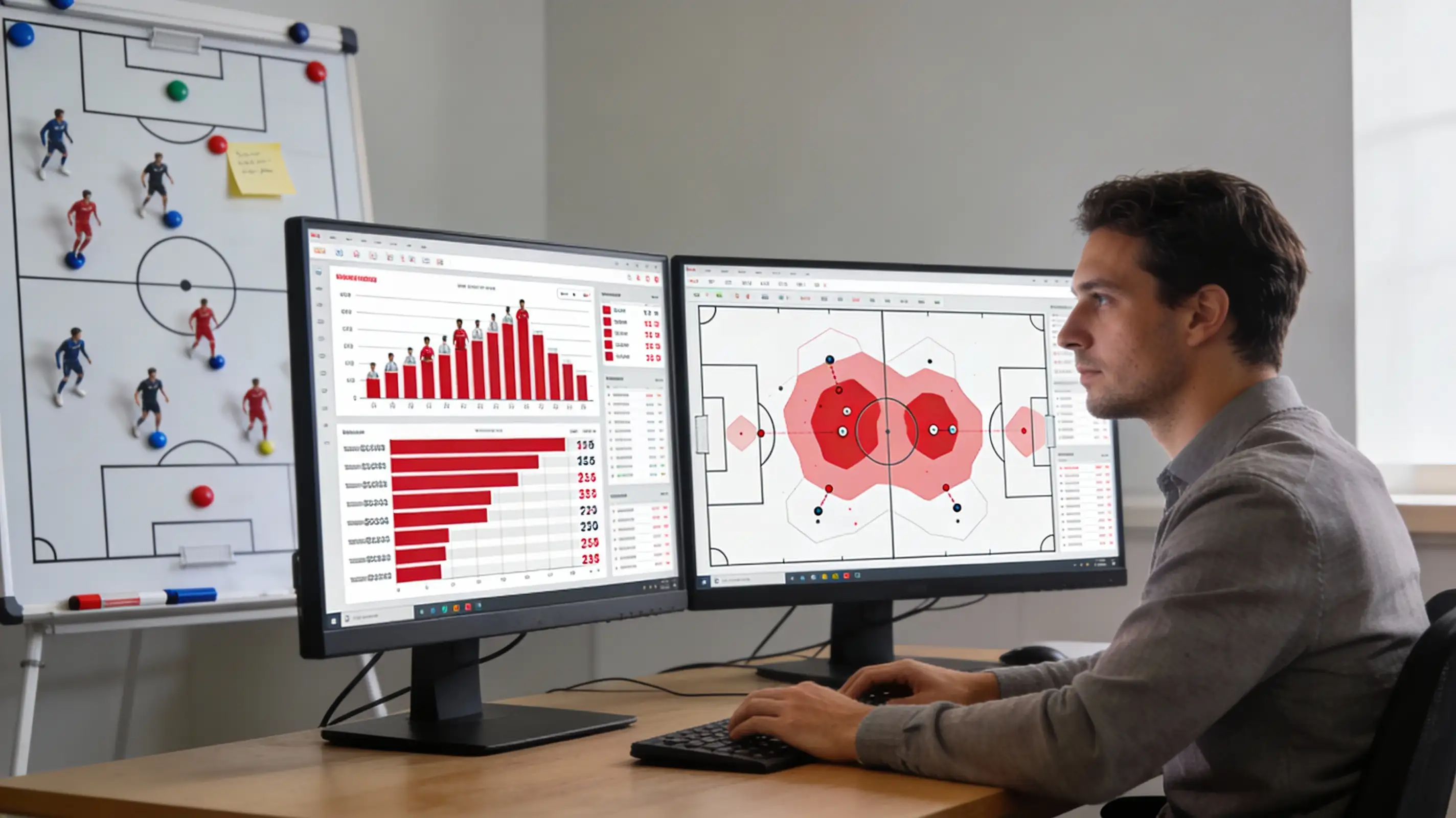 Analista de fútbol revisando métricas de rendimiento de jugadores en una pantalla