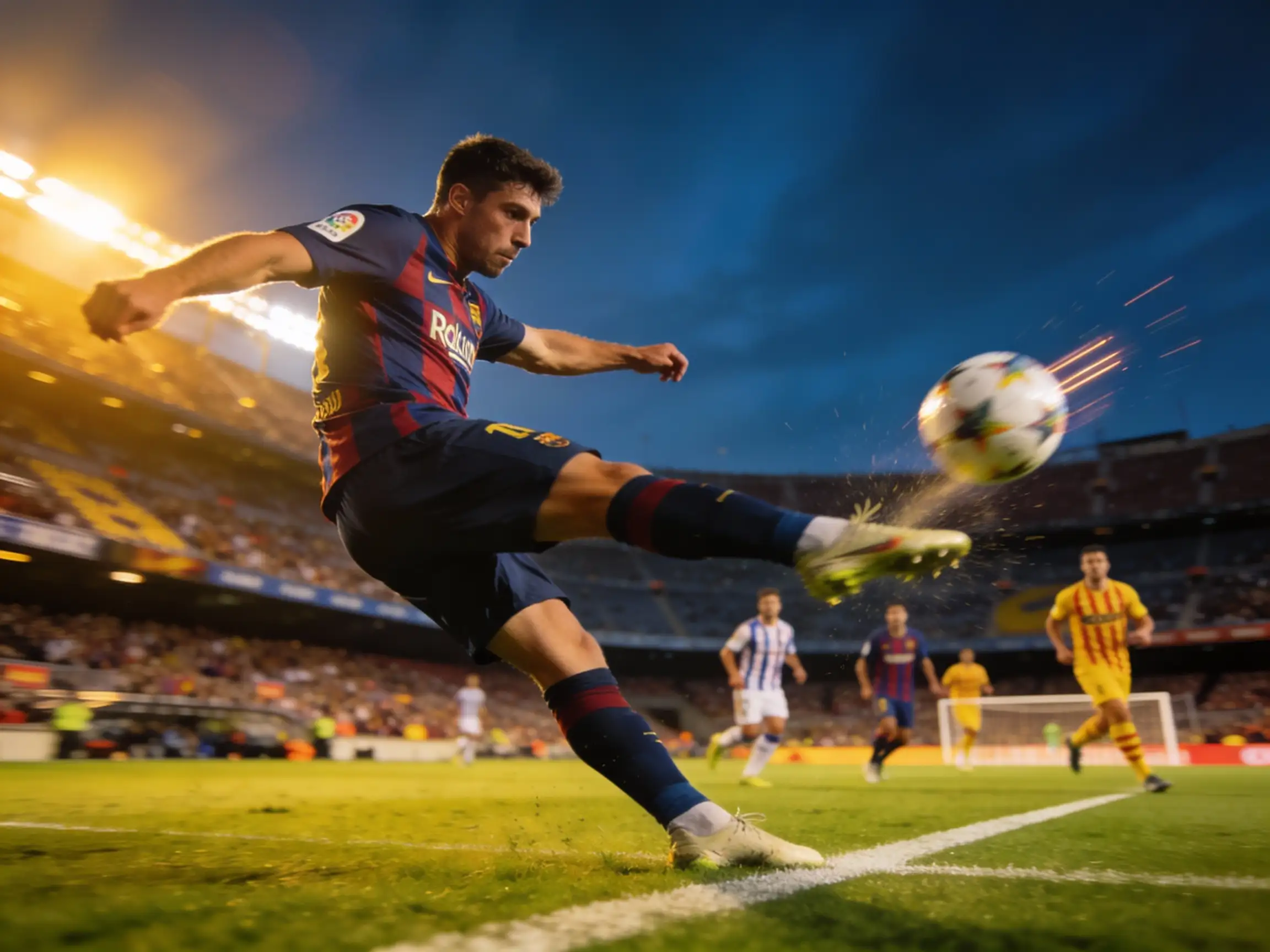 Lateral de fútbol ejecutando un centro preciso desde la banda izquierda hacia el área