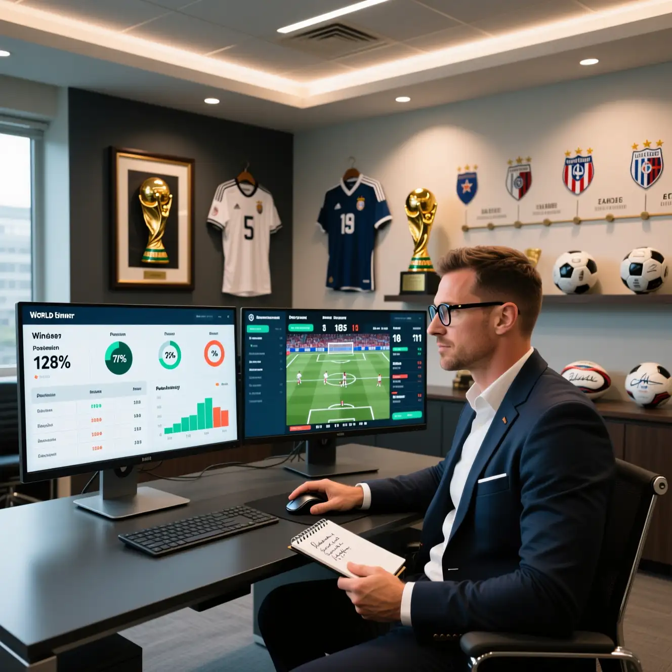 Analista deportivo estudiando estadísticas de partidos en una pantalla