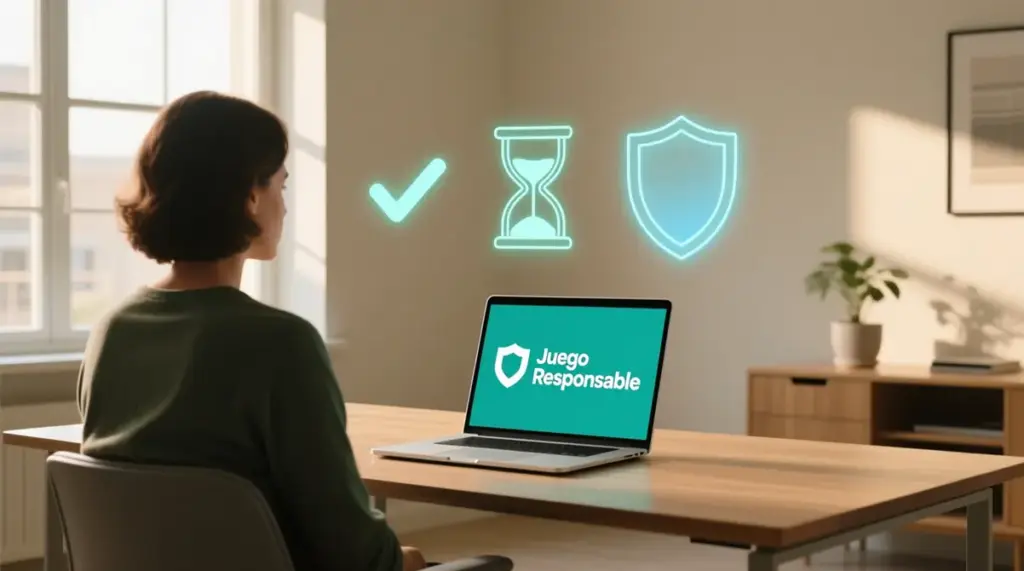 Persona reflexionando de manera calmada frente a una pantalla mostrando aplicación de apuestas con iconos de protección