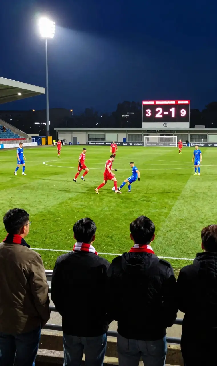 Partido de fútbol nocturno visto desde las gradas con el marcador iluminado