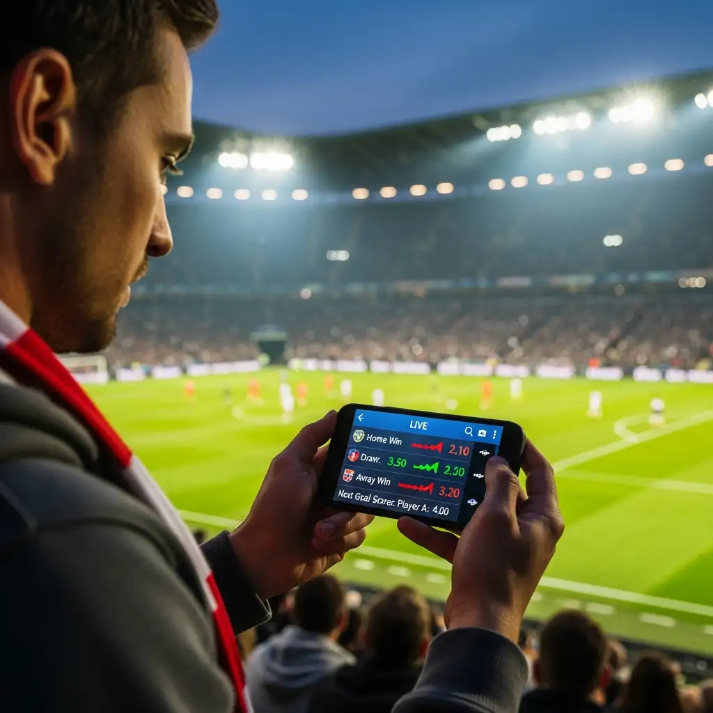 Aficionado siguiendo un partido de fútbol en vivo con el móvil en el estadio
