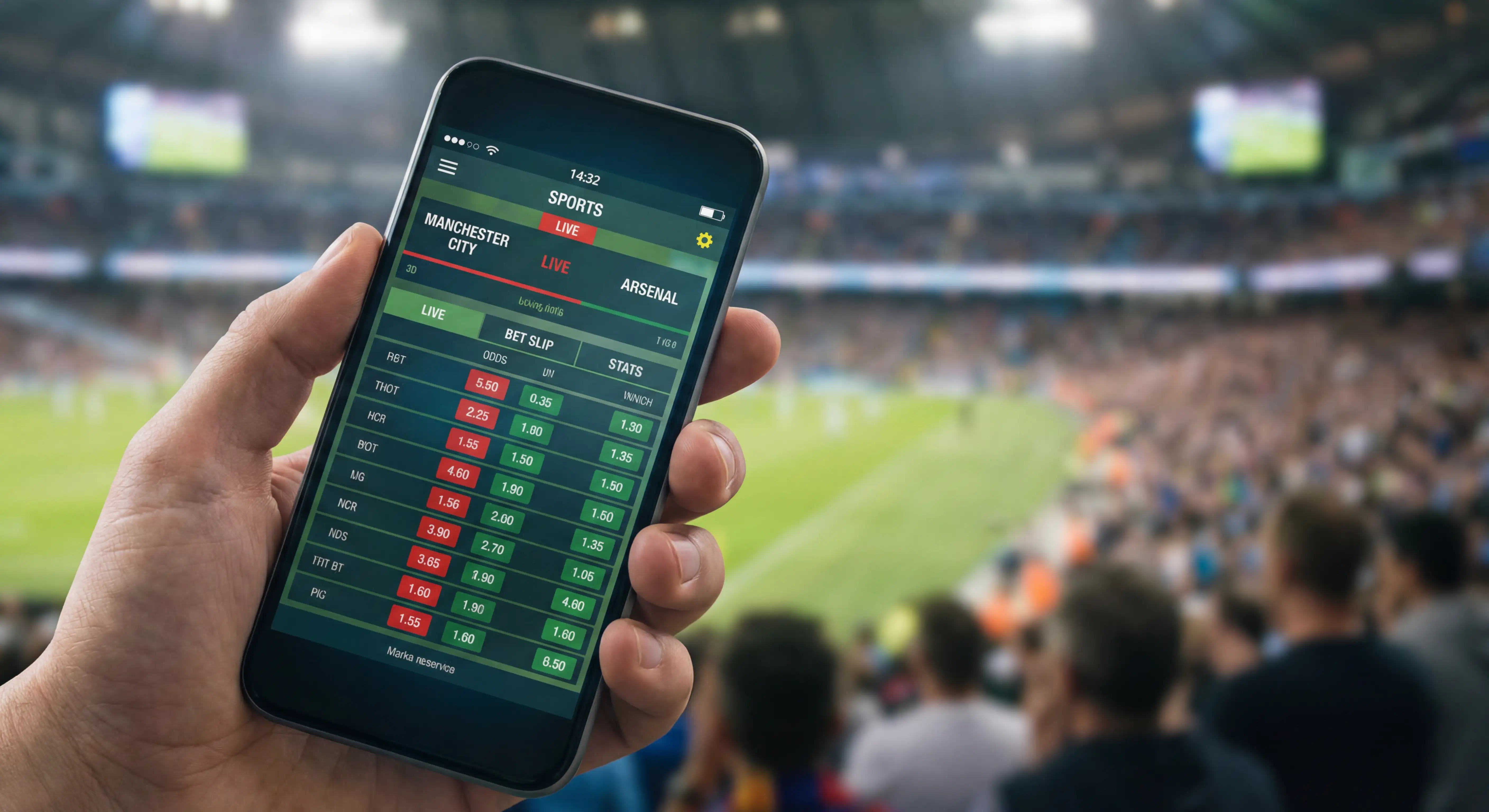 Pantalla de móvil mostrando cuotas de apuestas en vivo durante un partido