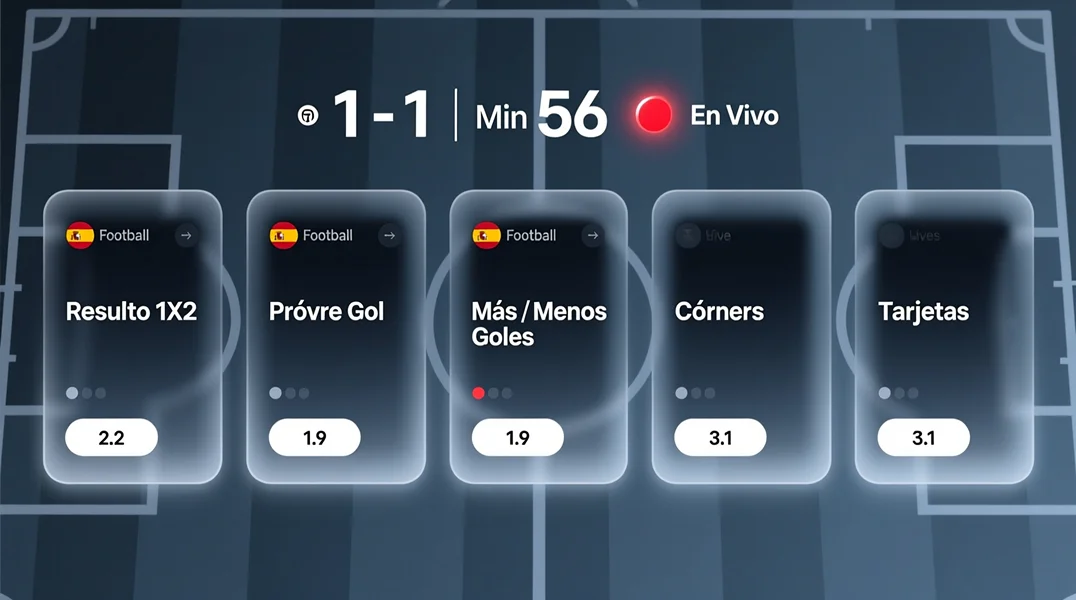 Interfaz de apuestas en vivo mostrando diferentes mercados disponibles: resultado, goles, córners y tarjetas durante un partido