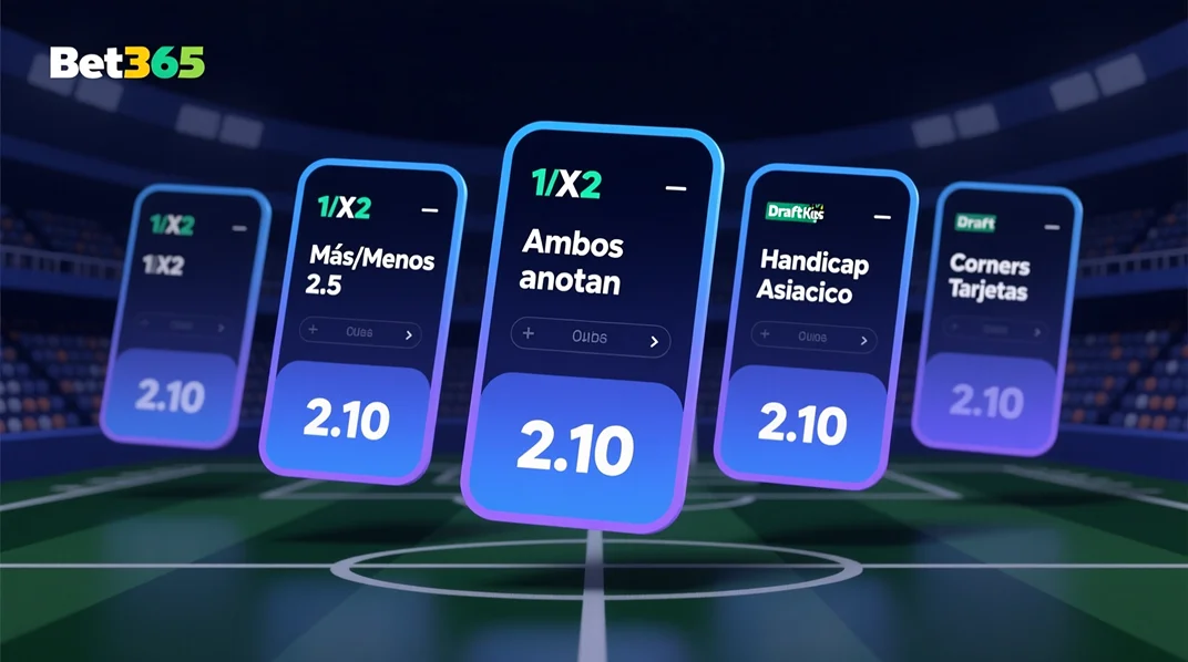 Interfaz moderna mostrando diferentes mercados de apuestas disponibles para un partido de fútbol