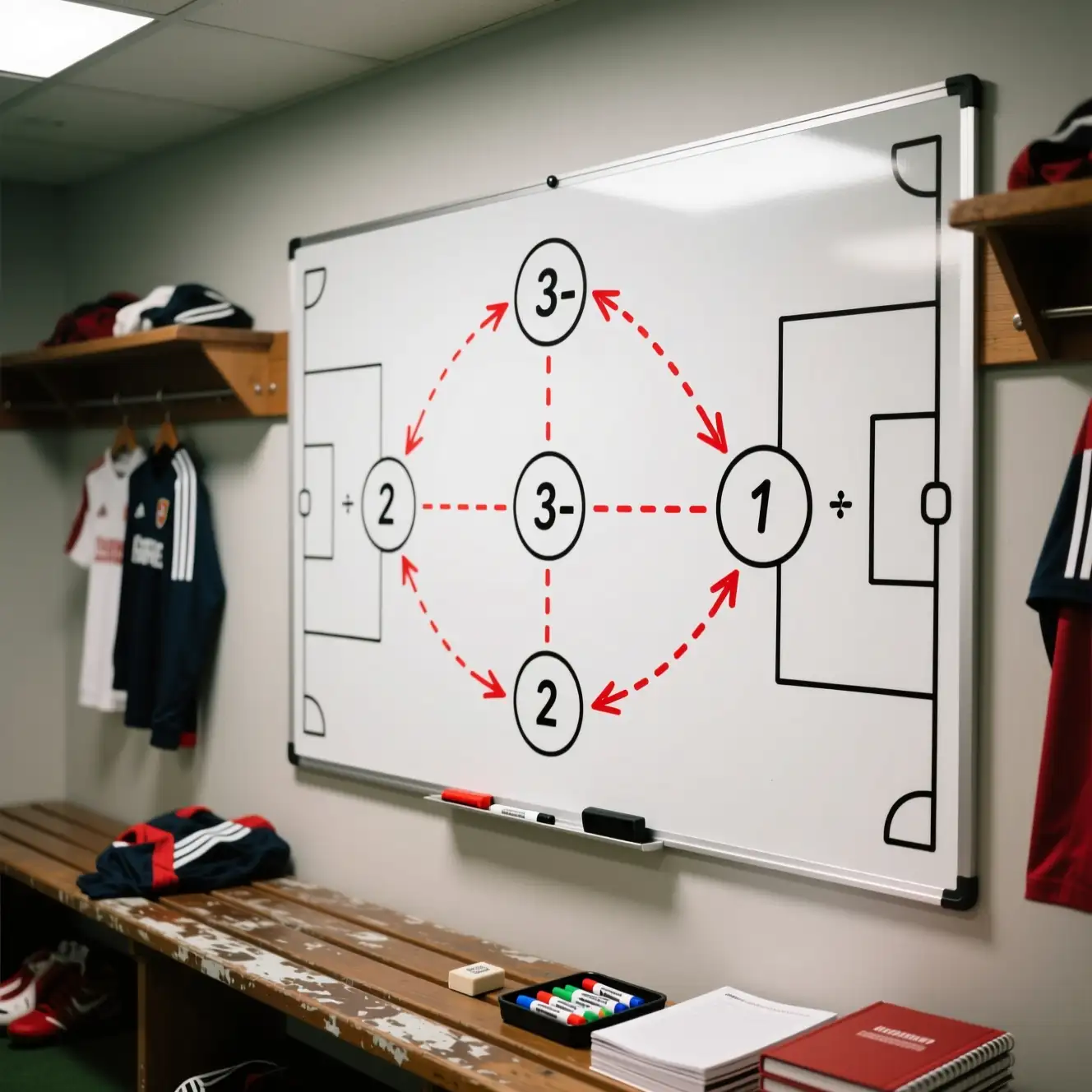 Pizarra táctica de fútbol con formación y flechas de movimientos