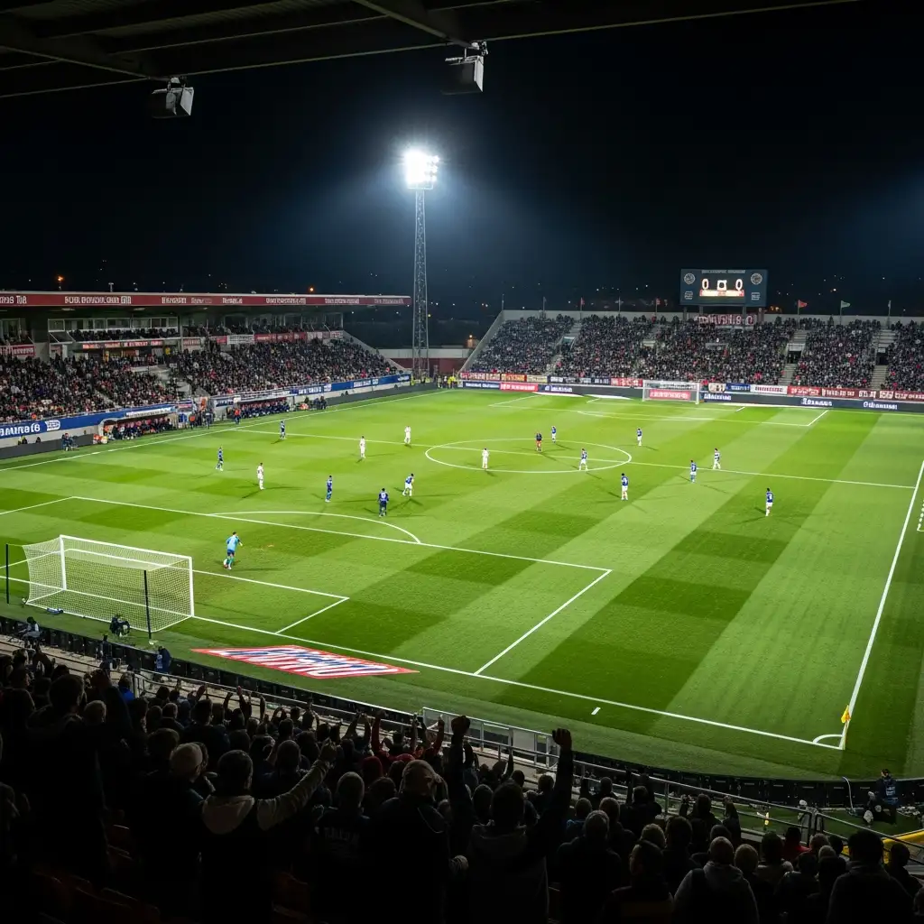 Estadio de Montilivi durante un partido nocturno con aficionados celebrando un gol