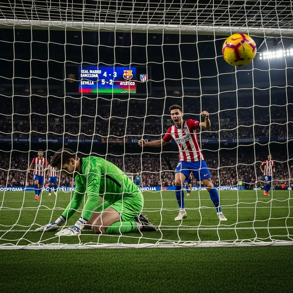 Partido de fútbol con marcador electrónico mostrando un resultado alto