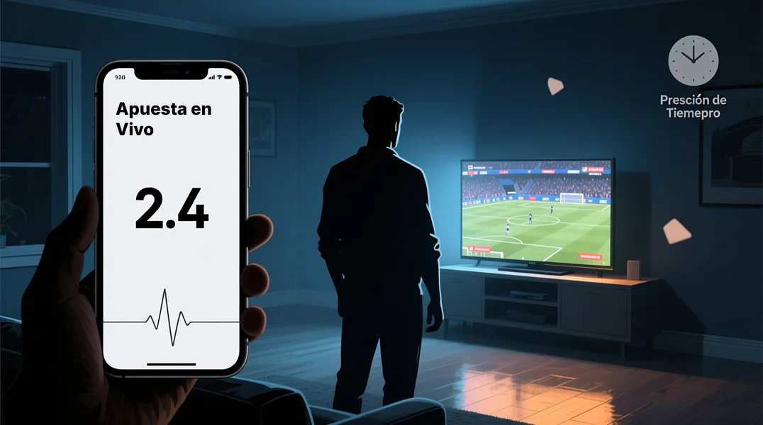 Persona concentrada viendo un partido deportivo con expresión de tensión mientras revisa apuestas en su móvil