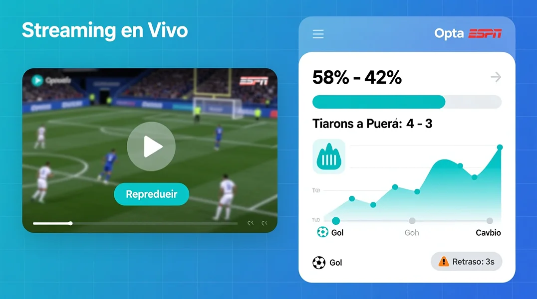 Pantalla dividida mostrando streaming de partido en directo junto a estadísticas y gráficos en tiempo real
