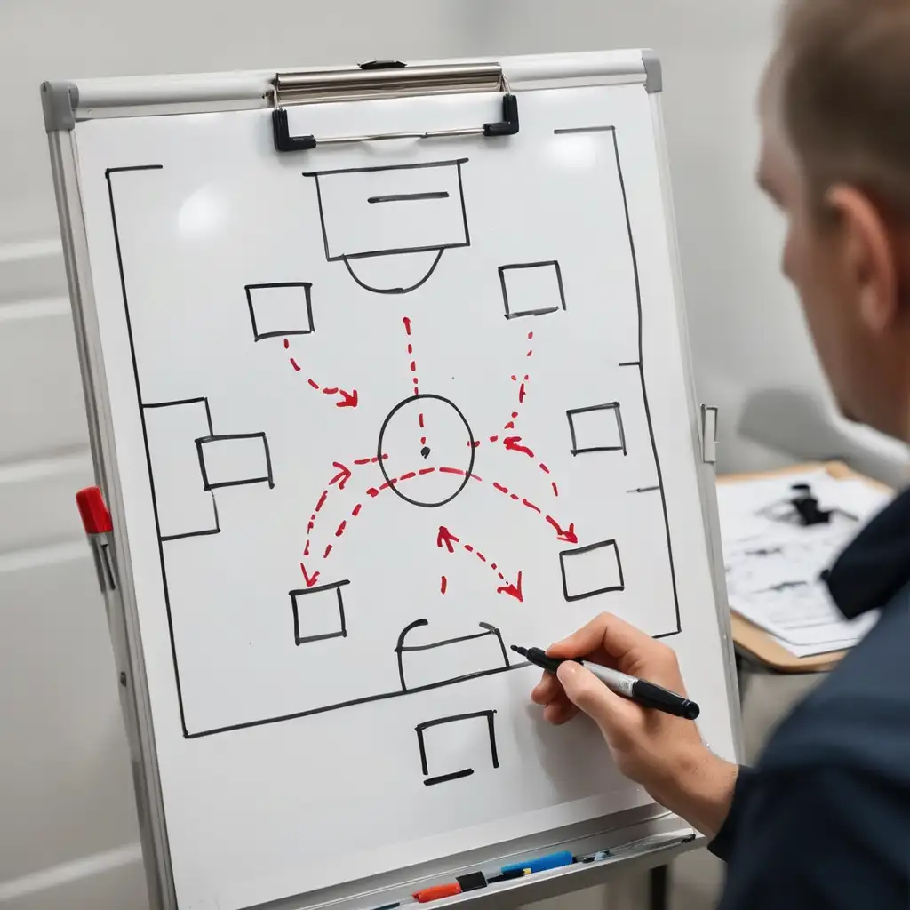 Análisis táctico de fútbol con pizarra y diagrama de jugadas