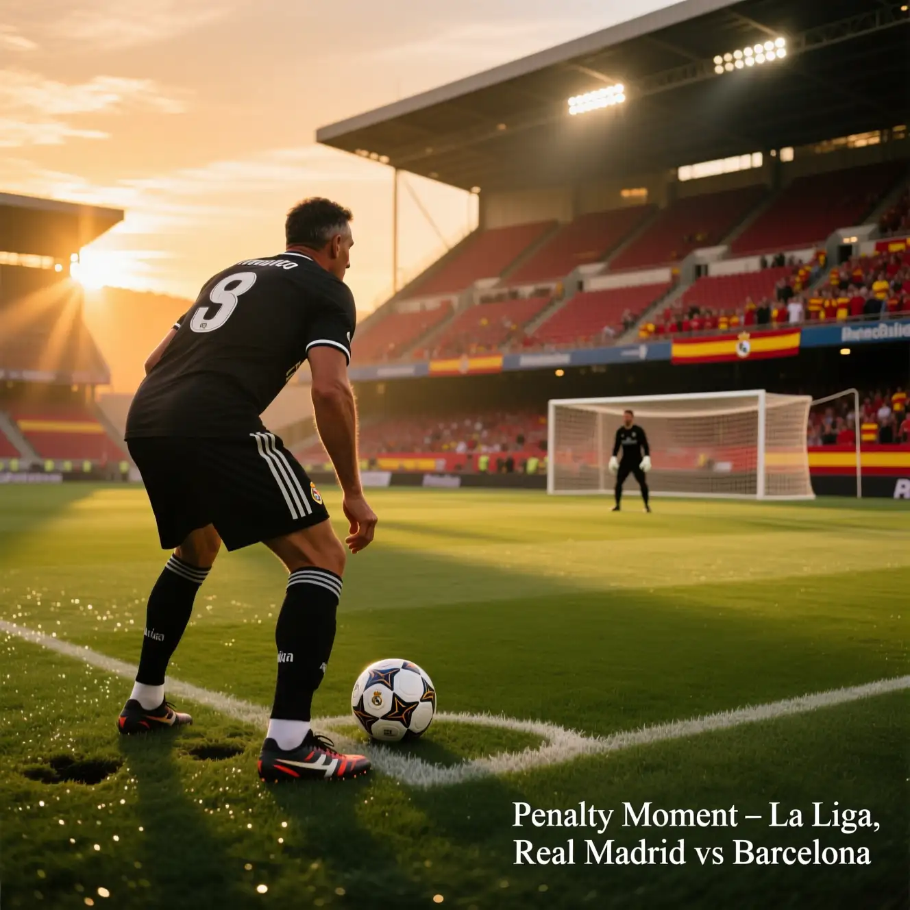 Delantero veterano preparándose para lanzar un penalti en un estadio de fútbol