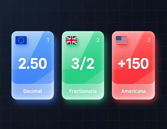 Comparación visual de los tres tipos de cuotas: decimal europea, fraccionaria británica y americana