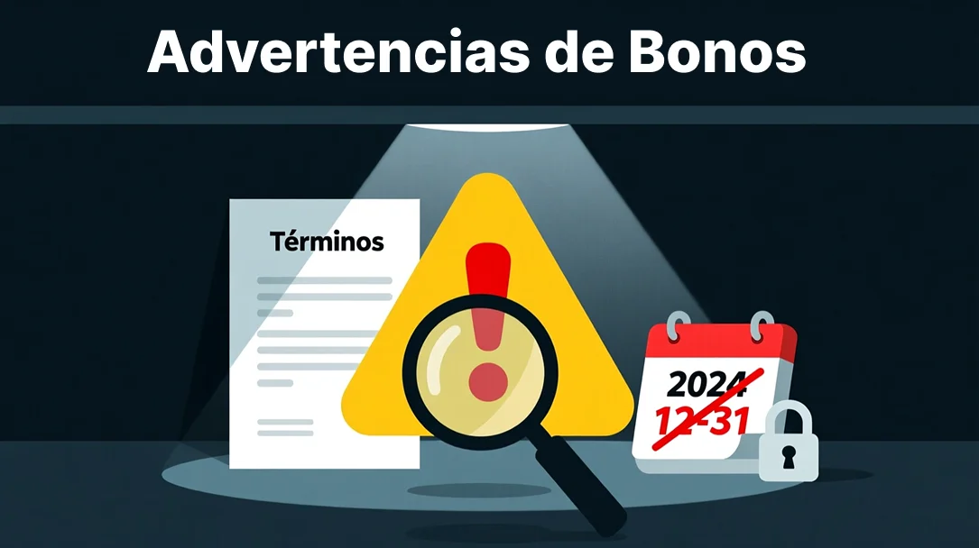 Señales de advertencia sobre trampas comunes en bonos de apuestas con iconos de alerta y letra pequeña