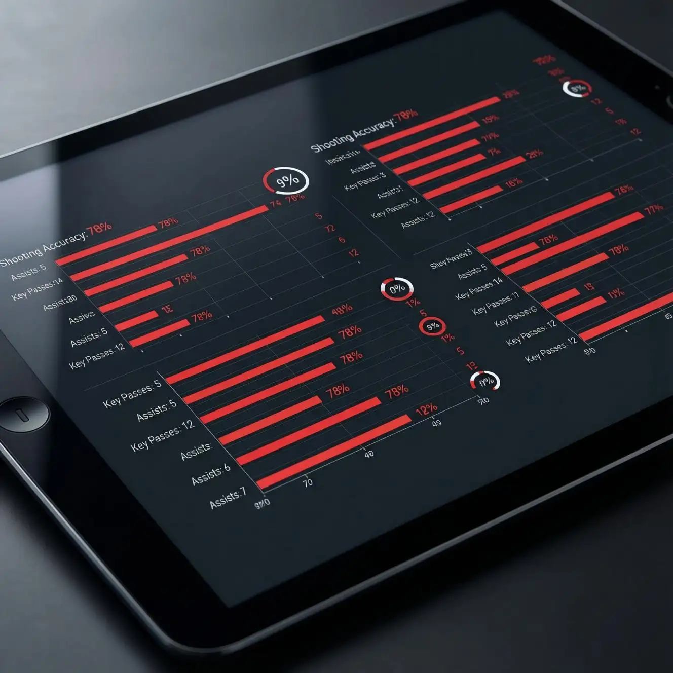 Pantalla mostrando estadísticas de rendimiento de un jugador de fútbol con gráficos de barras