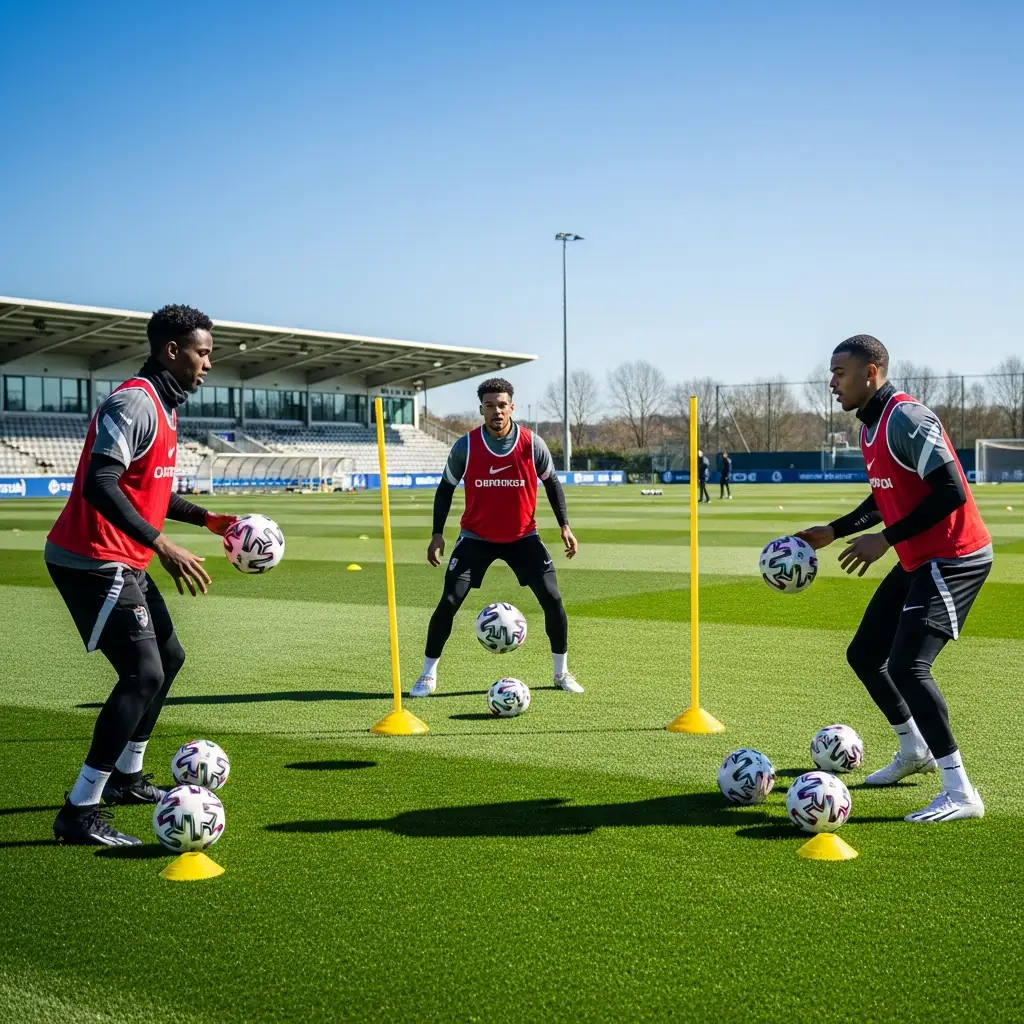 Mediocampistas de fútbol entrenando pases en el campo de entrenamiento