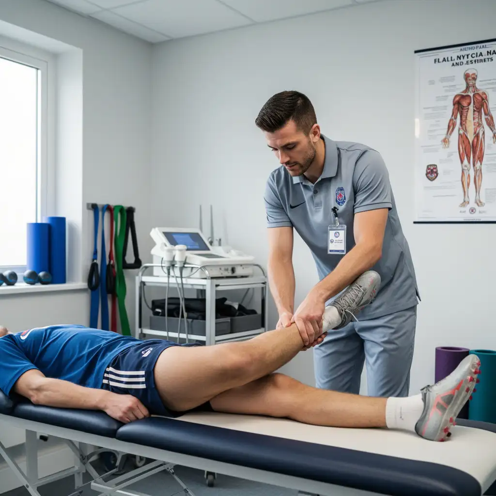 Fisioterapeuta tratando la pierna de un jugador de fútbol en el vestuario